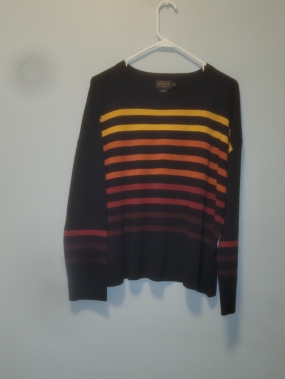 Pendleton Men’s Black Crewneck Sweater with Yellow, Orange and Red Stripes